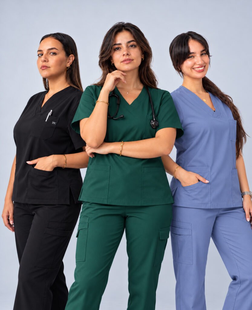 Trois soignantes en tenues WEAR KEIN noir, vert et bleu